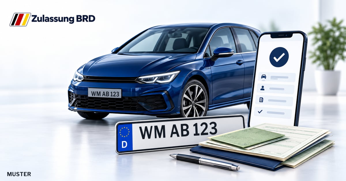 Online Fahrzeugzulassung in Schongau: Musterkennzeichen WM AB 123, Auto und Fahrzeugpapiere und Smartphone. Illustration mit Logo von Zulassung BRD.